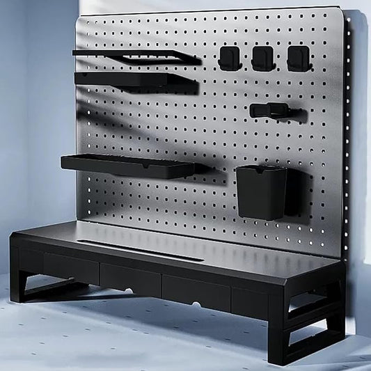Desk Shelves, Desk Pegboard, Monitor Stand with 3 Drawers, for Gaming & Office, Standing Desk Accessories, for Laptop, Computer(Black)