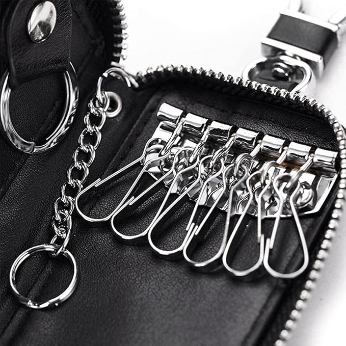 WESTONETEK Unisex Mens Womens Premium Leather Car Key Holder Bag Keychain Case Wallet with 6 Hooks Zipper Closure