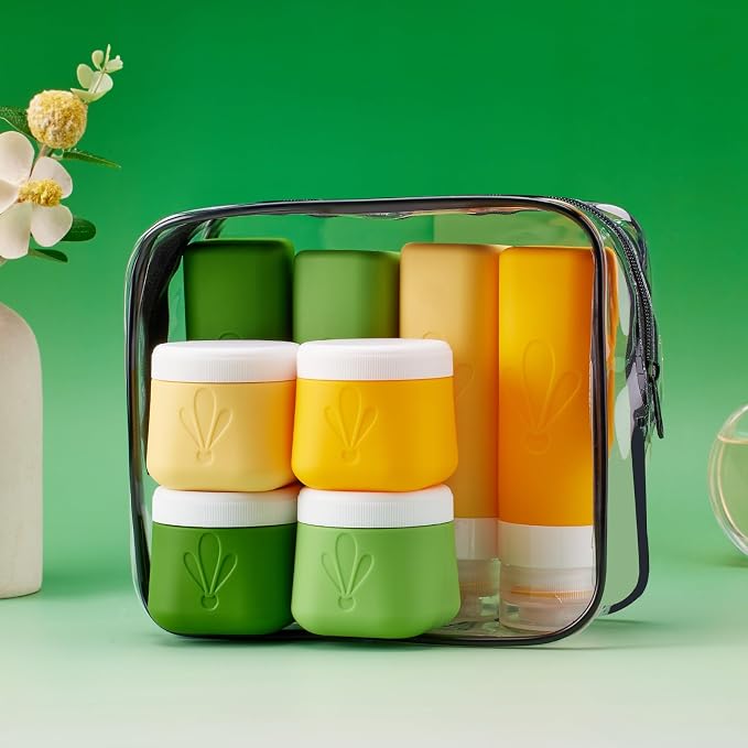 INSFIT travel bottles for toiletries 8 Pack, Leak proof Travel Size Toiletries Containers with toiletry bag, Squeezable Silicone Bottles & Cream Jars, Travel Essentials BPA-Free kit for Shampoo