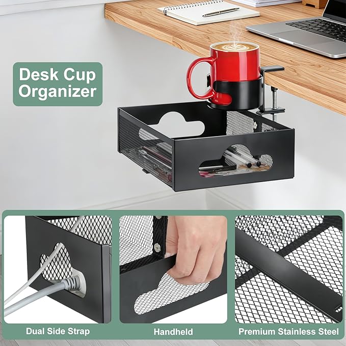 MYITYARD Desk Cup Holder Clamp, Anti-Spill Clip On Table Cup Holder with Rotation Drawer Organizer, Under Desk Storage Box Drink Holder for Desk Attachment, Gaming Desk Accessories for Office Home