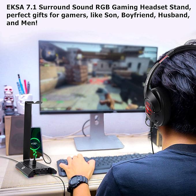 EKSA Headphone Stand, RGB Gaming Headset Stand for Desk with 7.1 Surround Sound, Headphone Holder with 3.5mm Aux and 2 USB Ports, Aluminum PC Gamer Headset Accessories for All Headphones Size