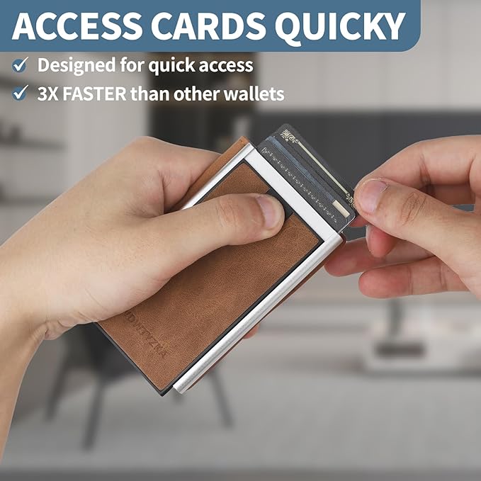 Mens slim Wallet，with RFID Shielding, Holds 9 Cards Easily, card wallet for Men, Minimalist Wallet For Men, Made of aluminum and Pu Synthetic Leather, Includes Cash clip (Brown)