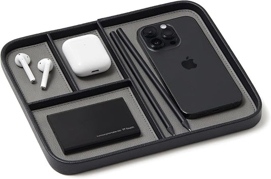Nordik Leather Valet Tray - Pebble Black - 9.5 x 7.9 Inch Medium Vegan Leather Tray - Stylish Nightstand Organizer for Men - Modern Bedside Caddy - EDC Catchall for Key Watch Wallet Jewellery
