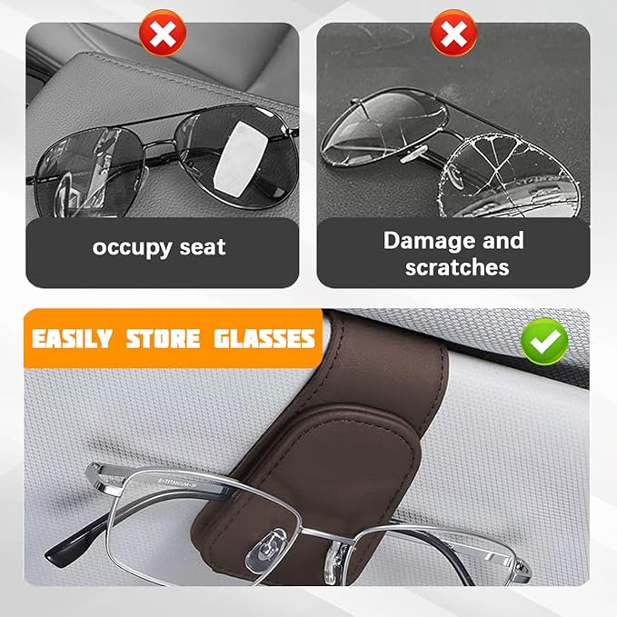 Sunglasses Holder for Car Visor, Microfiber Leather Magnetic Sun Visor Eyeglasses Hanger & Ticket Card Clip, Multi-Function Automotive Interior Glasses Mount, Universal Fit (Brown)