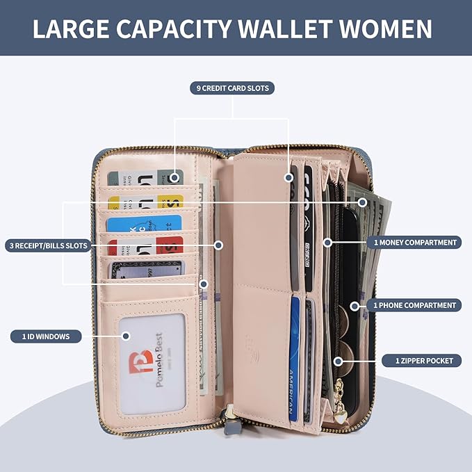 Pomelo Best Womens Wallet RFID Blocking Leather Multi Credit Card Large Capacity Wristlet Zip Around Long Wallets for Lady