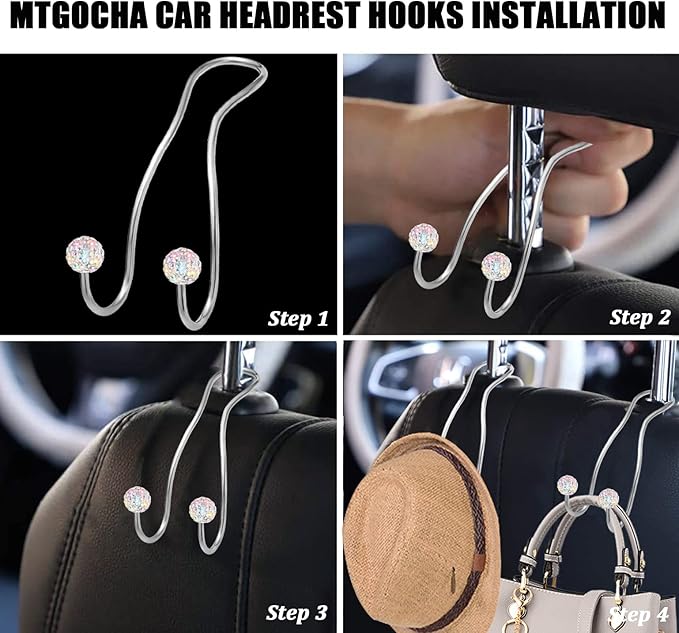 MTGOCHA Bling Purse Hook for Car Headrest, Upgraded Cute Car Seat Hooks for Bag Handbag, Durable Stainless Auto Purse Hanger Holder 2 Pack, Colorful