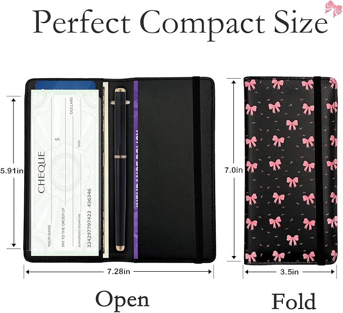 Letter Checkbook Cover, RFID Blocking Checkbook, Stylish, Lightweight, Slim Durable, Multi-Functional Checkbook Holder for Personal and Business Checks (Bow-Black)