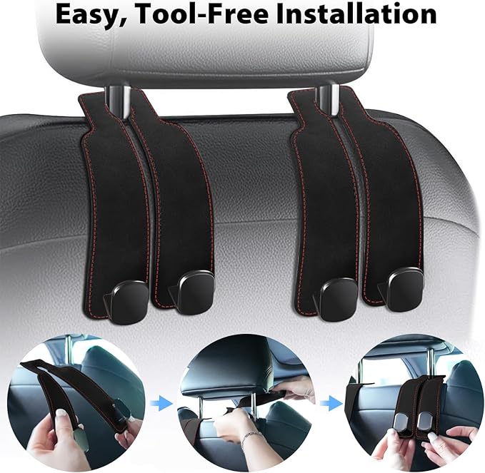 Travel Depot Headrest Hooks for Car, Purse Hook for Car, Premium Leather Twin Hook Car Seat Hooks, Double Hook Seat Back Storage Organizer for Purses, Bags, SUV, Truck, Vehicle, 2 Pack, Black