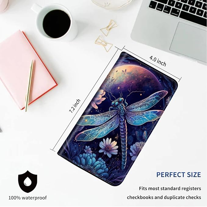DEGDFSGR Checkbook Cover PU Leather Checkbook Covers for Women for Duplicate Checks, Check Book Covers with RFID Blocking Function for Personal Checkbook, Purple Dragonfly