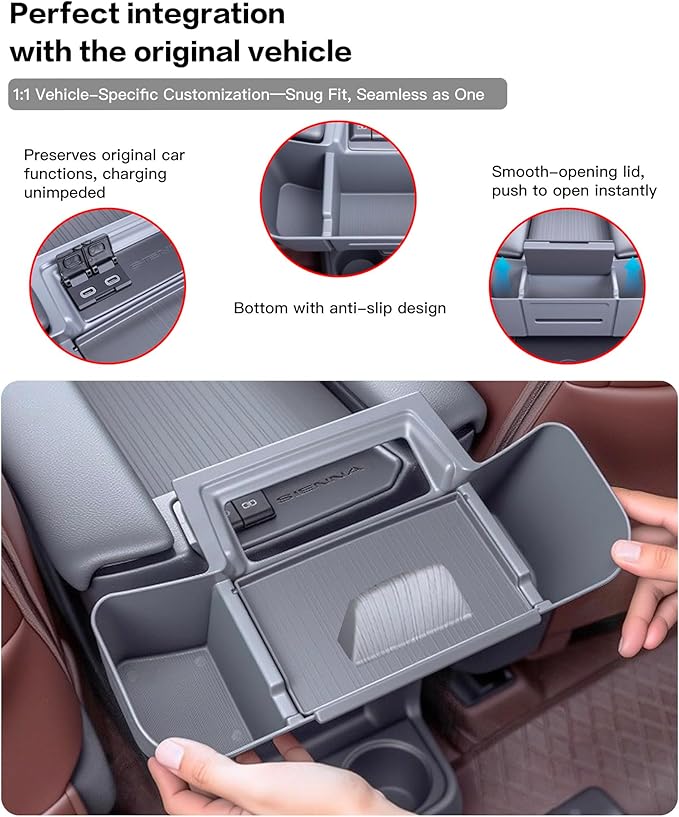 3-in-1 Rear Center Console Hanging Organizer for Toyota Sienna 2021-2025 2026, Backseat Organizer with Cup Holder, Tissue Holder & Phone Stand, Waterproof Easy Clean Sienna Accessories