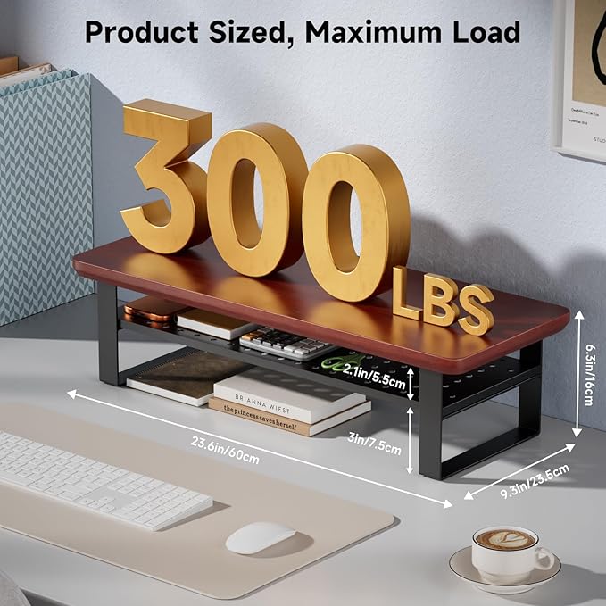 Monitor Stand Riser, 24 Inch Computer Monitor Stand for Desk, 2-Tier Wood Desk Shelf Organizer with Storage, Desktop Stand for Laptop/Screen/PC/Printer, Ergonomic Home Office Monitor Stand