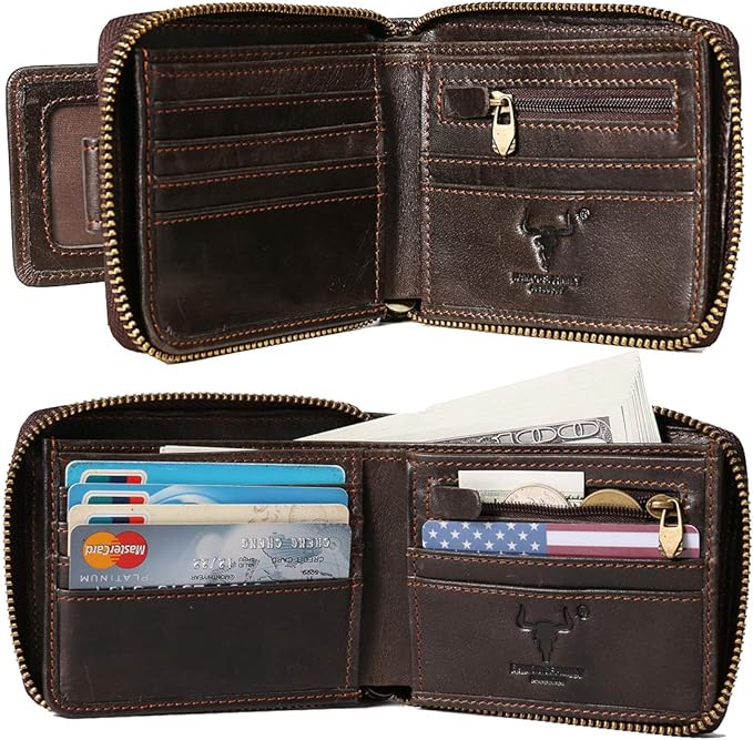MING CLAN Leather RFID Blocking Bifold Wallet For Men With Zipper, Flap ID Window Zip Coin Pocket, Big Capacity Credit Card Holder For Travel