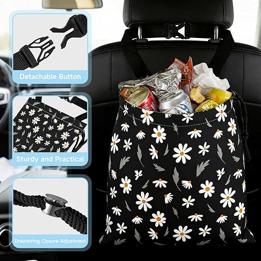 Daisy Flower Car Trash Bag - Waterproof Car Trash Bag Hanging Leakproof Car Garbage Bag - Washable Reusable Trash Bag for Car Interior Hanging Organizer Storage Vehicle Travelling Camping