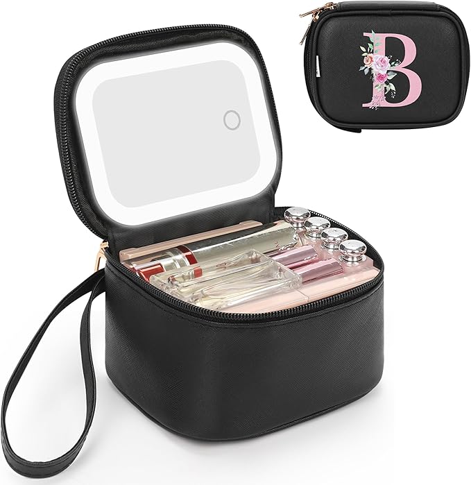 Relavel Mini Makeup Bag with Led Mirror, Bridesmaid Gifts for Women, Initial Travel Cosmetic Bag with 3 Lighting Modes, Personalized Make Up Pouch for Party Camping - Black B