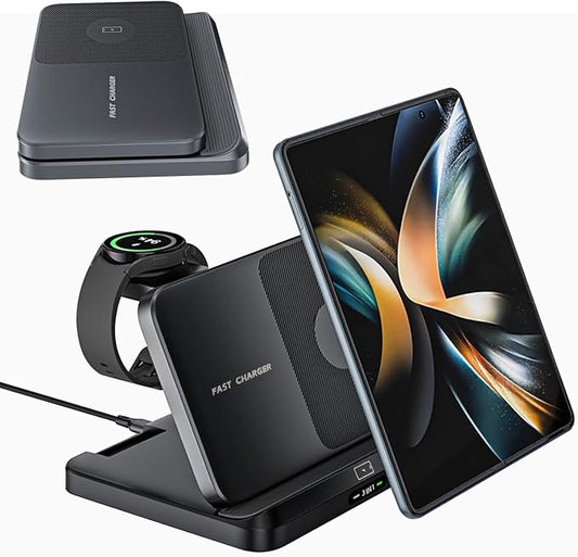 for Samsung Galaxy Z Fold 7 6 5 4 Wireless Charger Station, 3 in 1 Foldable Wireless Charging Stand Fast Charging Dock for Galaxy Z Flip 7 6 5 4 / Galaxy S25/S25 Ultra/Galaxy Watch/Galaxy Buds