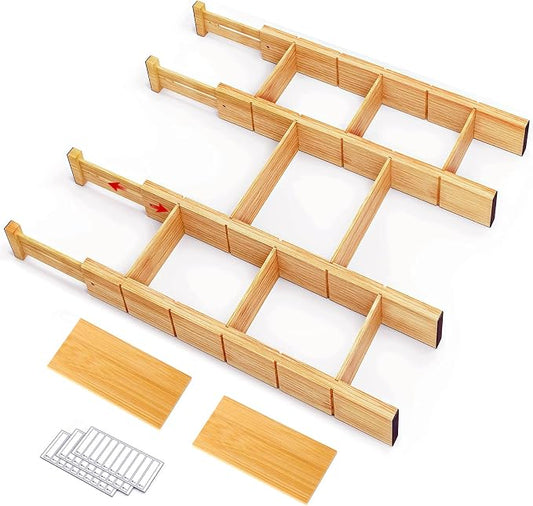 Whitmor Adjustable Bamboo Drawer Dividers, Expandable 17"-22" Drawer Organizer, Space-Saving, Non-Slip & Spring-Loaded Separators for Kitchen, Bedroom, Office, 4 Pack Dividers with 9 Baffles