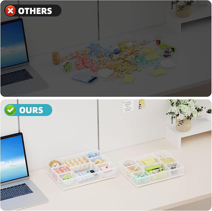 Marbrasse 2 Pack Desk Drawer Organizer, Mesh Drawer Organizer Tray with 8 Adjustable Compartments, Desk Organizers and Accessories, 5 Dividers for Office Supplies, Makeup & Vanity (White)
