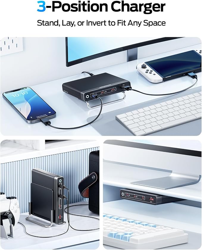 MOVESPEED 165W 4 Port Slim GaN Charging Station, 140W Single Port USB-C Fast Charger with Detachable 5ft Cable & 2 Stands for Laptops, Phones, Tablets (for MacBook/Dell/HP/Samsung etc)