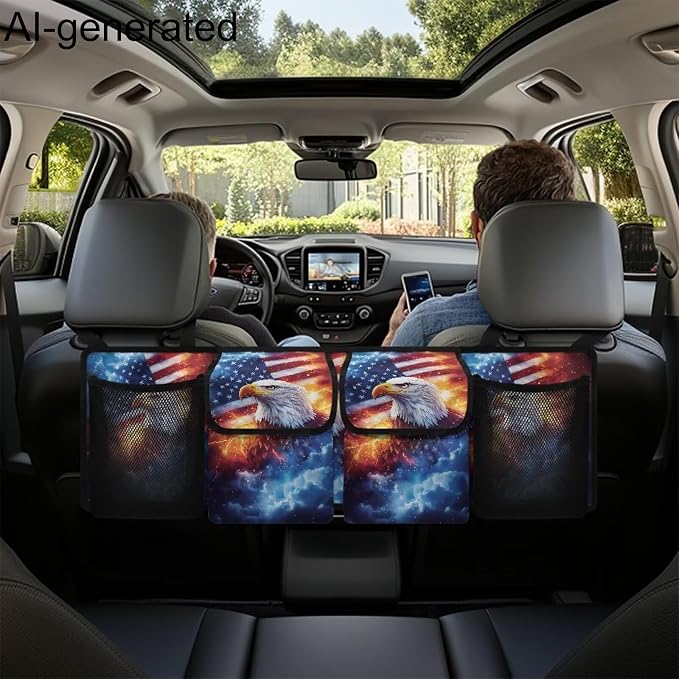 American Flag Car Trunk Organizer,Lightning Flame Eagle Collapsible Large Capacity Auto Backseat Hanging Storage Bag with Adjustable Strap & 4 Pockets Not Easy to Fade Machine Washable