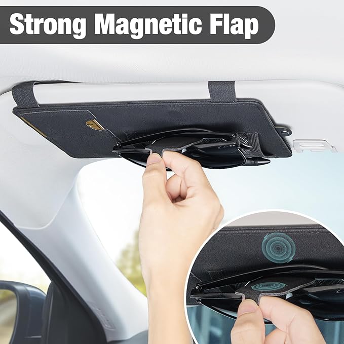 SEG Direct Sun Visor Extender for Car, Sun Blocker with Magnetic Sunglass Holder Hanger Clip, Ticket Card Organization Pouches, Side Sunshade Visor Organizer Accessories, Black