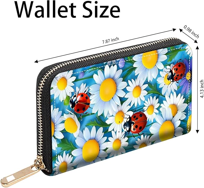 Ladybug on Daisy Flower Print Women Large Capacity PU Leather Zip Around Wallet, Multifunctional Clutch Purse for Cash/Card/Coin/Smart Phone