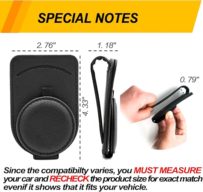 Sunglass Holder for Car Visor, Magnet Adsorbed Sunglasses Holder for Car Accessories Parts, Leather Car Sunglass Holder, Car Visor Sunglasses Clip for Glasses Cards (2PCS, Black)