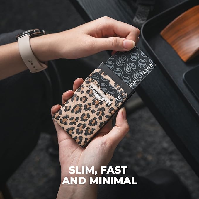 VULKIT Credit Card Holder Minimalist Slim Pop Up Wallet with Leather Slots RFID Blocking for Men and Women Holds 7 Cards and Notes Leopard Chic