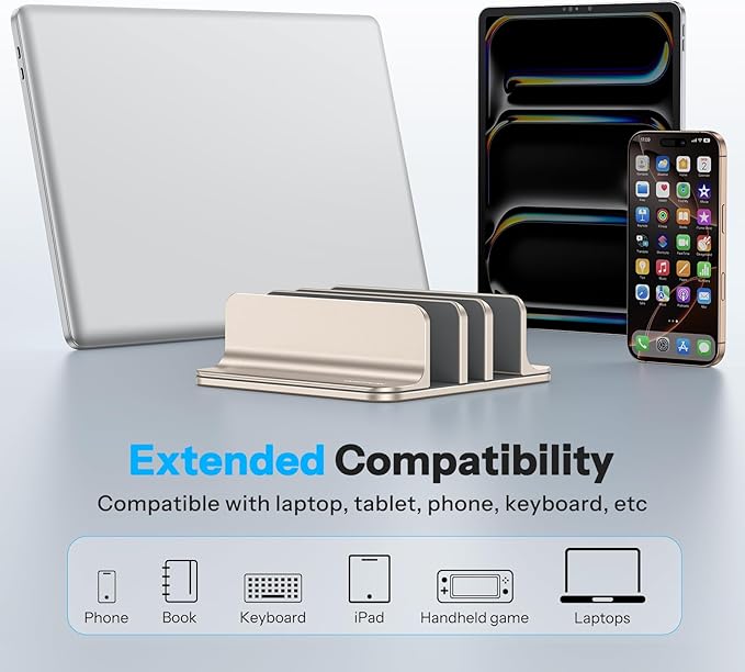 OMOTON Vertical Laptop Stand [Updated 3-Slots Version], Desktop Aluminum Mac Book Stand with Adjustable Dock Size, Fits All Mac Book, Chrome Book and Gaming Laptops (Up to 17.3 inch), Starlight