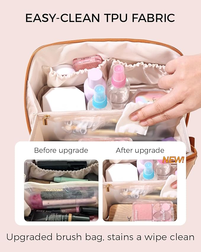 Travel Makeup Bag Organizer with TSA Approved Clear Pouch, Large Capacity Cosmetic Case with 180° Wide Open Design, Portable Toiletry Bag with Dividers for Brushes & Toiletries