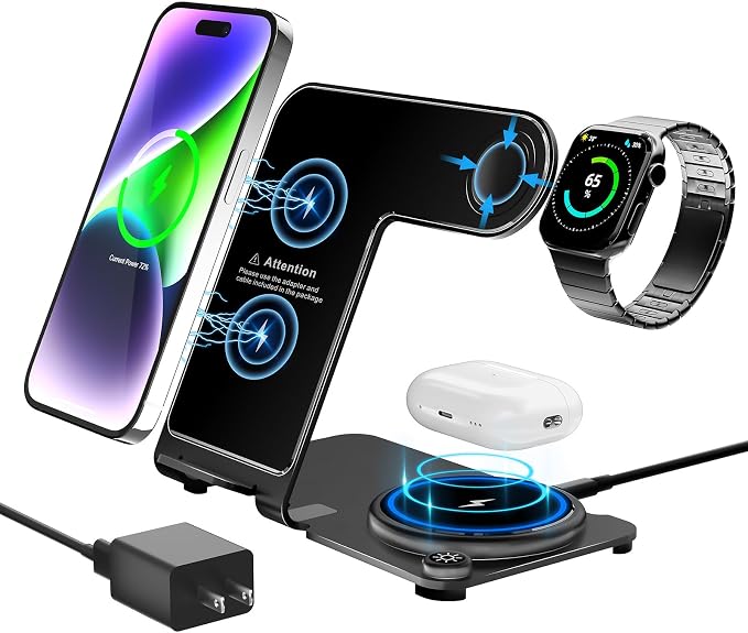 Wireless Charger, Aluminum Alloy 3 in 1 Wireless Charging Station for Apple iPhone/iWatch/Airpods,iPhone15 14,13,12,11 (Pro, ProMax)/XS/XR/XS/X/8(Plus),iWatch8/7/6/SE/5/4/3/2,AirPods 3/2/pro