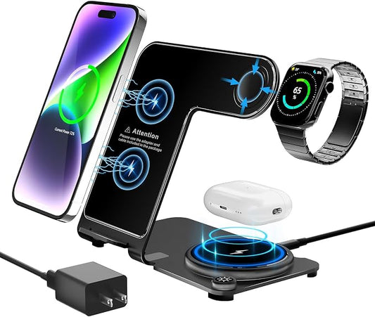 Wireless Charger, Aluminum Alloy 3 in 1 Wireless Charging Station for Apple iPhone/iWatch/Airpods,iPhone15 14,13,12,11 (Pro, ProMax)/XS/XR/XS/X/8(Plus),iWatch8/7/6/SE/5/4/3/2,AirPods 3/2/pro