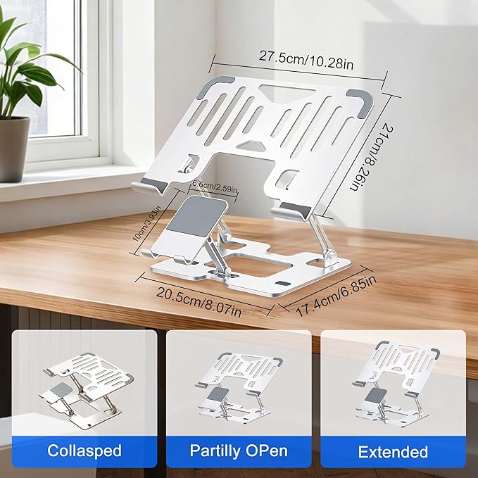 Ergonomic 2-in-1 Laptop Stand for Desk with Phone Holder, Adjustable Laptop Riser, Computer Stand for Laptop, Sturdy and Portable Stand, Compatible with Most Laptops and Phones (White)