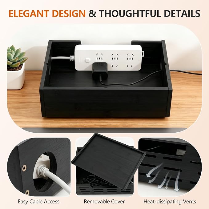 Wooden Black Cable Management Box– Large Extension Cable Organizer Box for Power Strips Floor Outlet Hider Durable Cord Hider for Home Office Under Desk,Floor TV Wires Computer Router USB Hub Cables