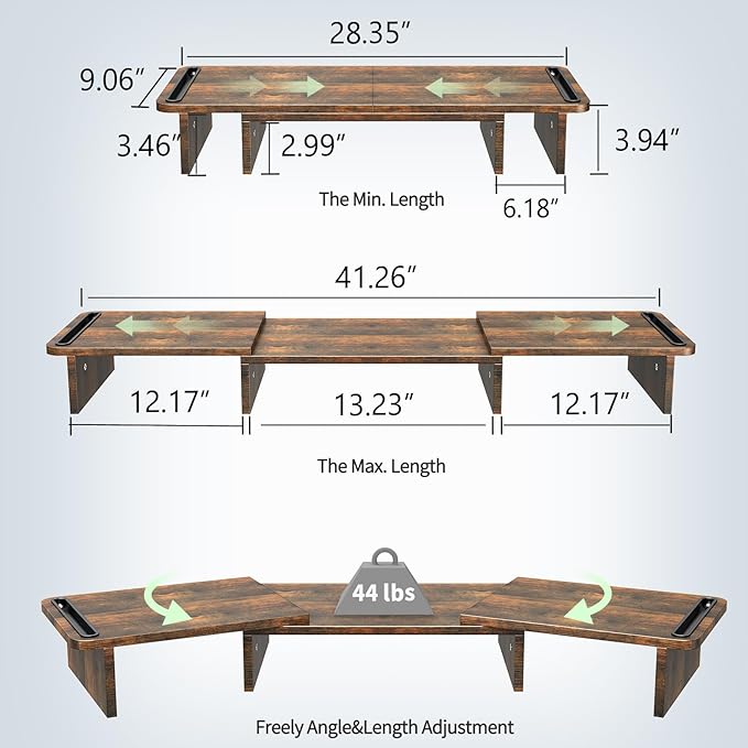 Dual Monitor Stand Riser with Storage, Adjustable Length & Angle Wooden Desk Shelf for 2 Monitors, Computer Stand for Home Office, PC, Laptop, Printer