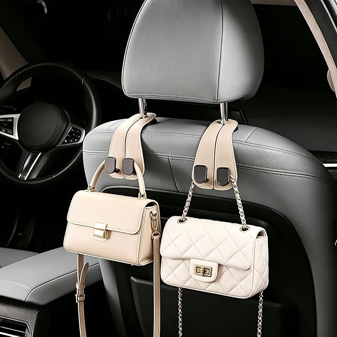 2 Pack KAFANLIN Car Headrest Hooks for Purses and Bags Cute Leather Car Seat Back Head Rest Double Hooks for Bags Cute Pink Beige Car Accessories Headrest Back Seat Handbags Hook (Beige 2 Pack)