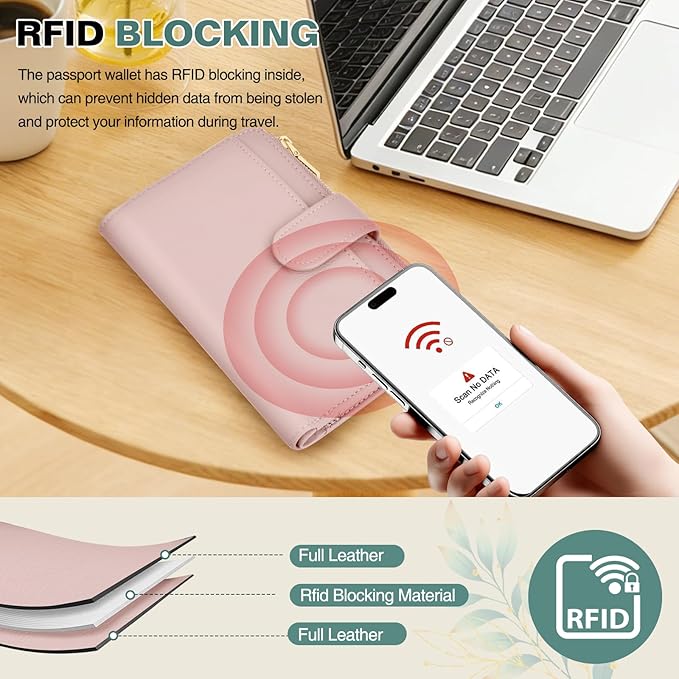 Passport Holder for Travel, Leather Passport Wallet with Airtag Slot, RFID Blocking Travel Wallet for Women Men, Passport Cover with Air Ticket Card Cash Coin Pocket, Travel Essentials Gift
