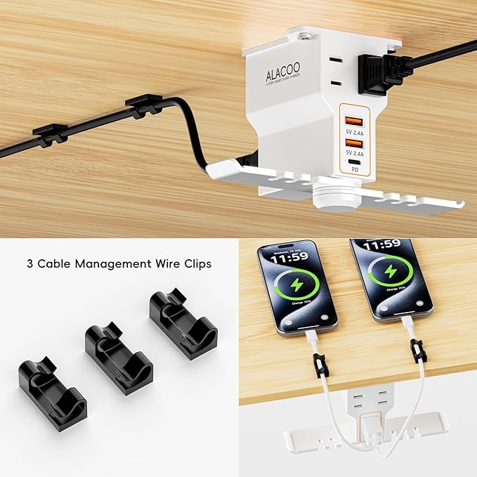 Gaming Headphone Stand with Charging Station - Aluminum Hooks Headphone Holder, Under Desk Headset Stand, 3 USB & AC Outlet, Surge Protector & Cable Organizer, Gift for Girl/Men