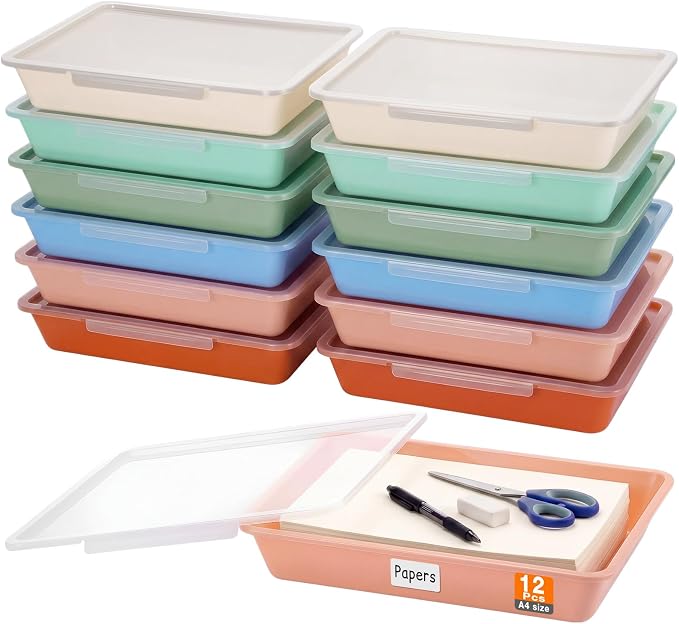 Tinlade 12 Pcs Classroom Paper Storage Bins with Clear Latching Lid, Label Stackable Letter Size Flat Tray Container for Teacher Back to School Supplies Home Office Desk Arts Crafts (Boho,13x10in)