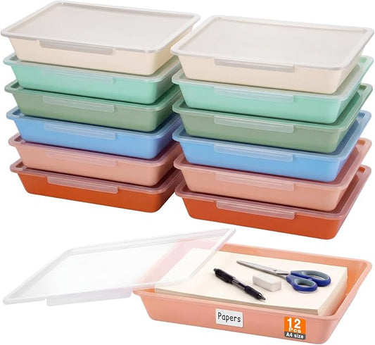 Tinlade 12 Pcs Classroom Paper Storage Bins with Clear Latching Lid, Label Stackable Letter Size Flat Tray Container for Teacher Back to School Supplies Home Office Desk Arts Crafts (Boho,13x10in)