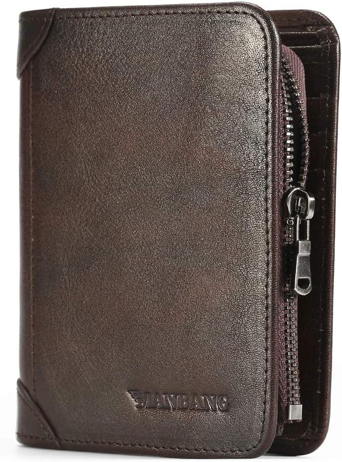 MANBANG Mens Wallet Zipper Genuine Leather RFID Card Holders Cowhide Zip Coin Pocket Bifold wallets for men