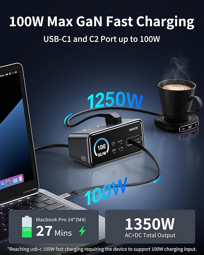 MOKiN 8-in-1 Charging Station, 3 USB-C,2 USB-A,3 AC, GaN Desktop Charger Station with Retractable Cable, 1500J Surge Protector Power Strip for iPhone 17/16,MacBook Pro, Laptop,Gaming Desk Accessories