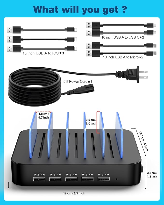MSTJRY Charging Station for Multiple Devices : 5 Port Multi USB-A Charger Stations Multi-Device Organizer Charging Dock Designed for iPhone iPad Cell Phone Tablets (7 Short Cables Included), Black
