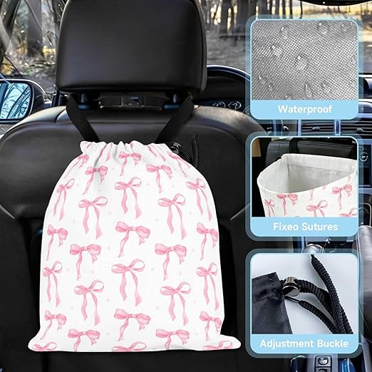 Pink Bow Car Trash Bag - Waterproof Car Trash Bag Hanging Leakproof Car Garbage Bag - Washable Reusable Trash Bag for Car Interior Hanging Organizer Storage Vehicle Travelling Camping