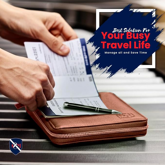 ALLEN & MATE 100% Leather Passport Holder for Travel RFID Blocking Passport Wallet for Men & Women - Zippered Compact Travel Document Organizer Fits Passport, Cash, Cards, SIM, ID and Tickets