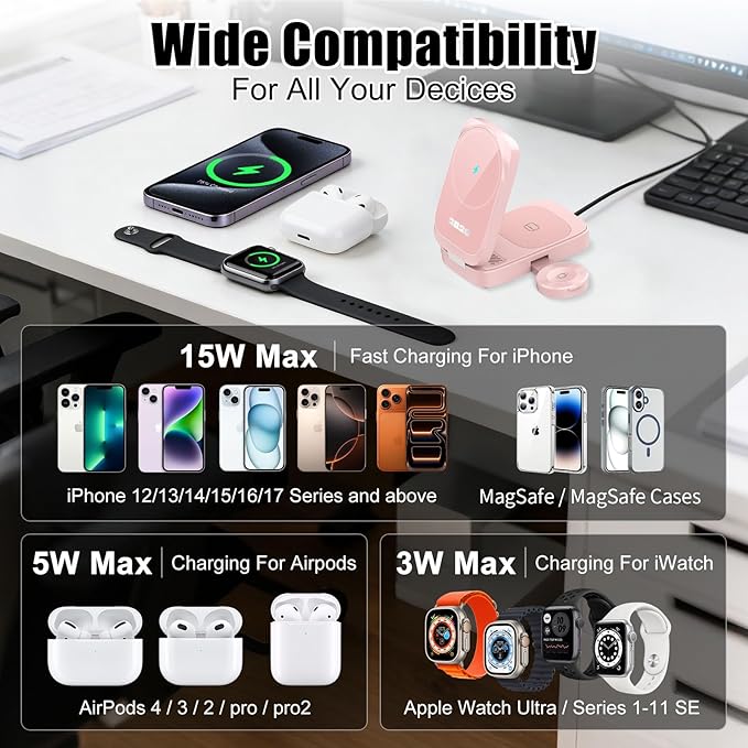 3 in 1 MagSafe Wireless Charging Station, 15W Magnetic Fast Charger for iPhone 17/16/15/14/13/12 Series, Apple Watch & AirPods, Foldable Portable Charging Stand for Desk, Bedside & Travel, Pink