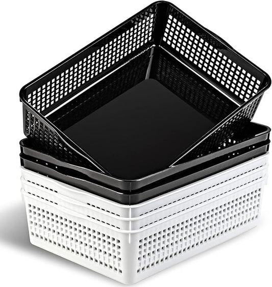 Eslite A4 Size Plastic Storage Basket,Desktop File Paper Letter Organizer Tray, 6-Packs (White+Black)