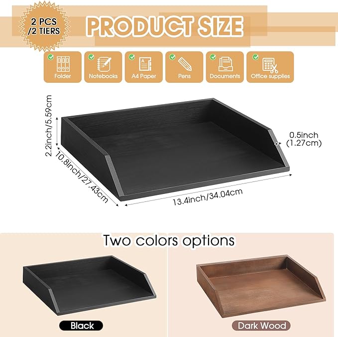 Beeveer 2 Pcs Black Wood Letter Tray Wooden Desk Paper Organizer 2 Tier Stackable Load Documents Desktop Tray Drawer File Folder Magazine Office Accessories for Home Office Back to School