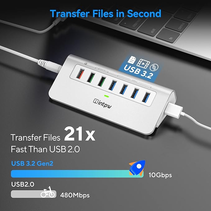 Powered USB Hub 10Gbps, 7 Port USB 3.2 Gen 2 Hub with 4 USB 3.2 Data Ports, 3 Fast Charging Ports, 36W Power Adapter, Type A and Type C Cable, Aluminum USB Data Hub for Mac, PC, Laptop