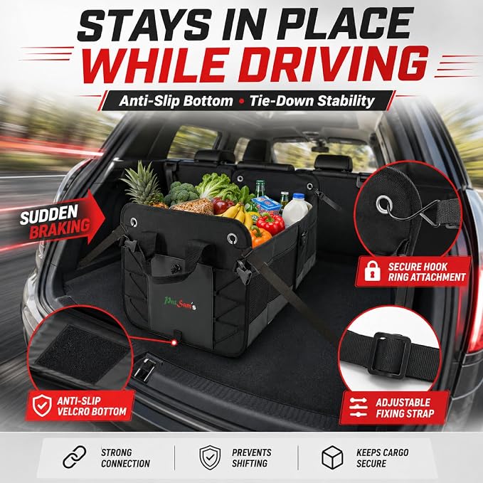 PAT SAM'S Car Trunk Organizer for SUV, Waterproof Collapsible Storage with Removable Dividers, Anti-Slip Bottom, Tie-Down Straps & Anchor Rings, Foldable Trunk Organizer for Grocery Tools Travel