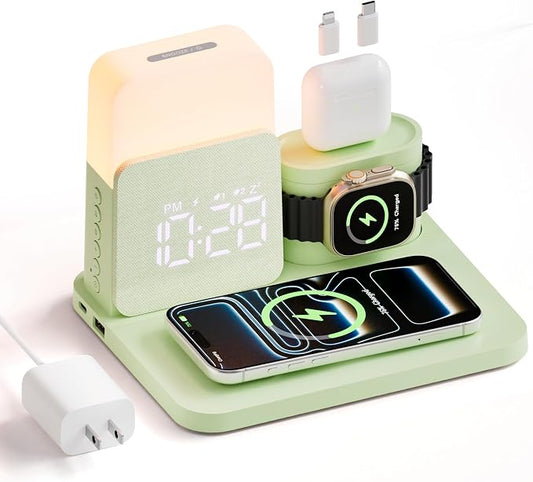 7 in 1 Wireless Charging Station, Magnetic 25W Fast Charger with Alarm Clock & Night Light, Bedside Charging Stand for iPhone 17 16 15 14 13 12 Pro Max, Apple Watch, AirPods, Bedroom